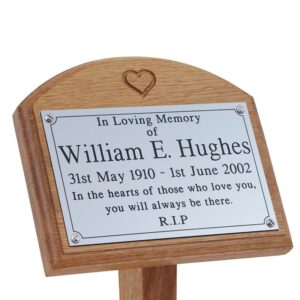 7" x 5" memorial oak ground stake with silver plaque and carved heart