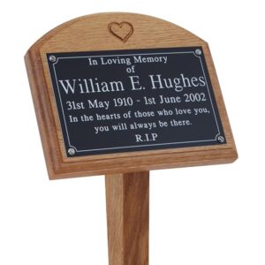 7" x 5" memorial oak ground stake with carved heart and engraved plaque