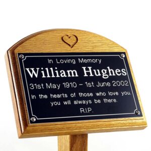 7" x 5" memorial oak ground stake with black plaque, white text, carved heart, sans-serif font