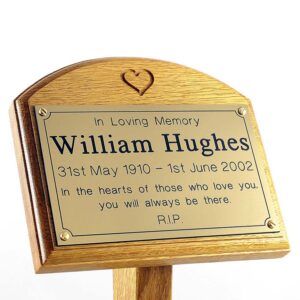 7" x 5" memorial oak ground stake with gold plaque, carved heart, sans-serif font