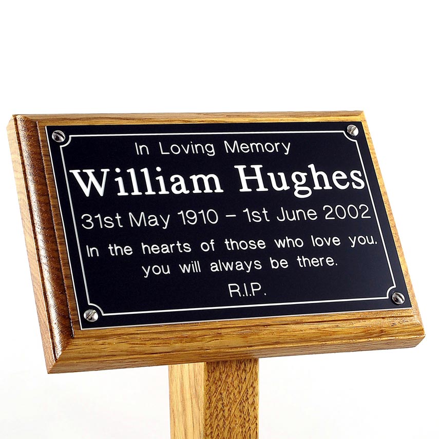 8" x 5" memorial oak ground stake with black plaque and white text, sans-serif font