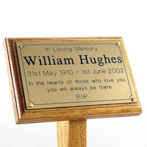 8" x 5" memorial oak ground stake with gold plaque and sans-serif font