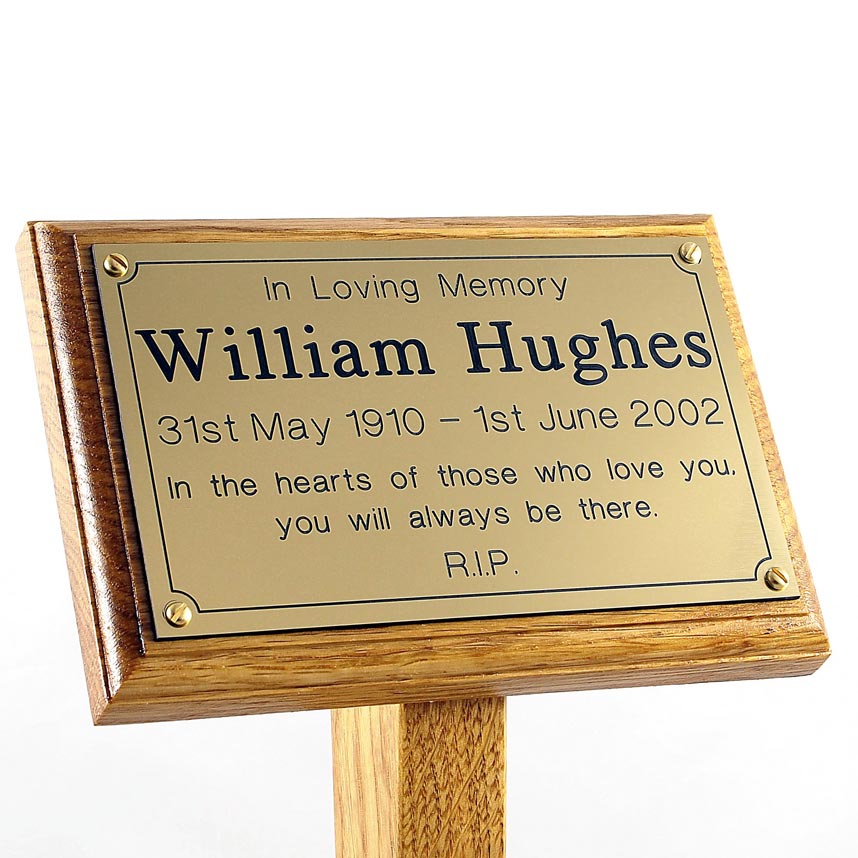 8" x 5" memorial oak ground stake with gold plaque and sans-serif font