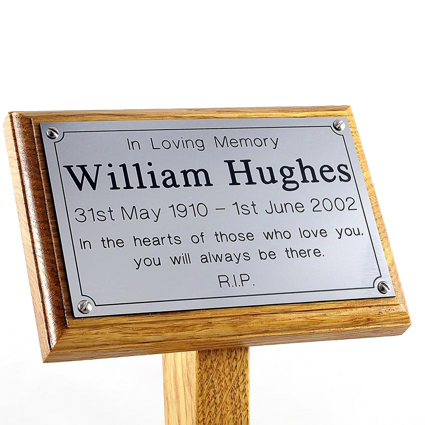 8" x 5" memorial oak ground stake with silver plaque and sans-serif font