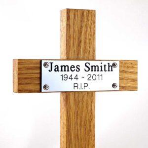 12 inch memorial cross, silver plaque with black text - close-up