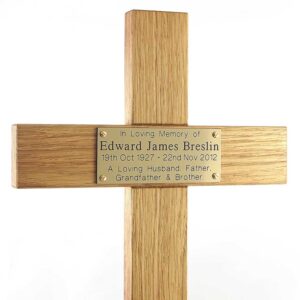 24 inch memorial cross, gold plaque with black text - close-up