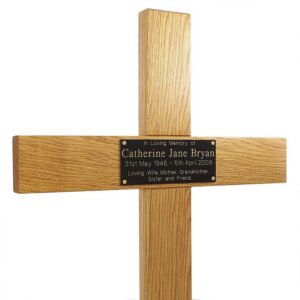 40 inch memorial cross, black plaque with gold text - close-up