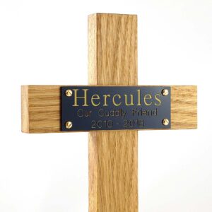 12" Oak memorial pet cross with black plaque with gold text