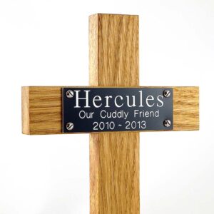 12" oak memorial pet cross with black plaque with white text