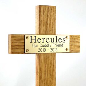12" oak memorial pet cross with gold plaque