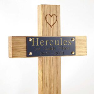 12" oak memorial pet cross with balck plaque, gold text and carved heart