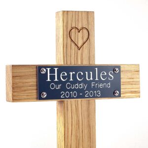 12" oak memorial pet cross with black plaque, white text and carved heart