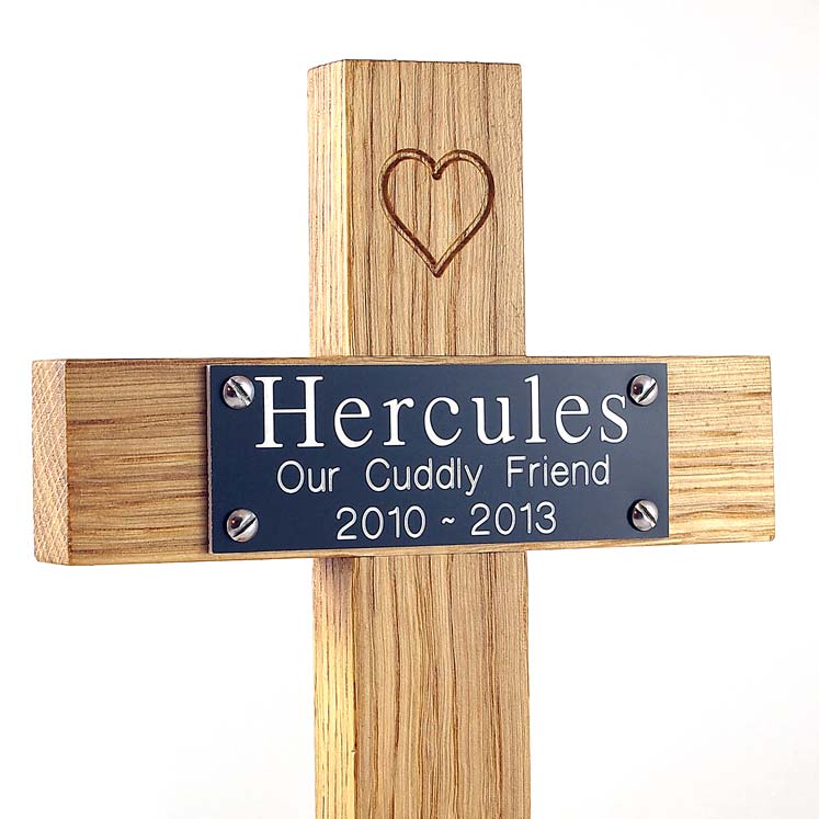 12" oak memorial pet cross with black plaque, white text and carved heart
