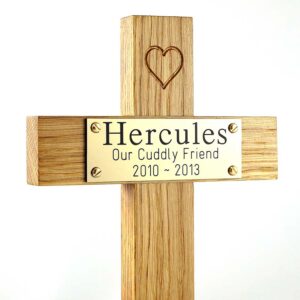 12" oak memorial pet cross with gold plaque and carved heart