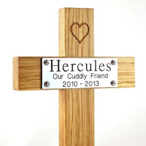 12" oak memorial pet cross with silver plaque and carved heart