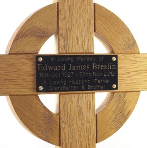 26 inch celtic cross with black plaque and gold text - close-up