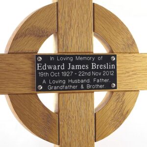 26 inch celtic cross with black plaque and white text - close-up