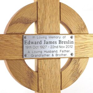 26 inch celtic cross with silver plaque, close-up
