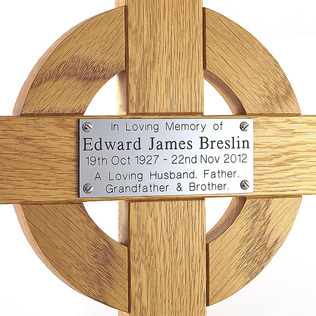 26 inch celtic cross with silver plaque, close-up