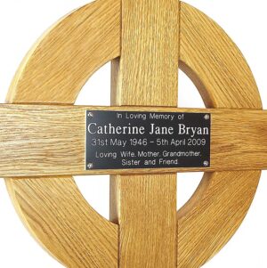 48 inch celtic cross with gold plaque with white text, oak - close-up