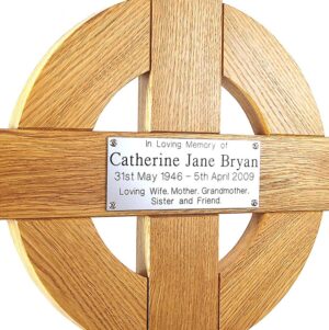 48 inch celtic cross with silver plaque, oak - close-up