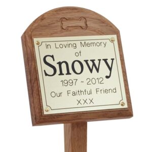 4 x 4 memorial oak pet ground stake with gold plaque, carved bone