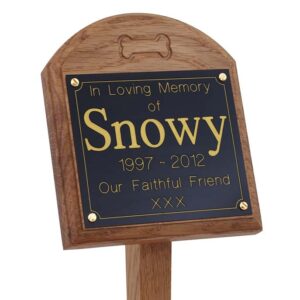 4 x 4 memorial oak pet ground stake with black plaque, gold text, carved bone