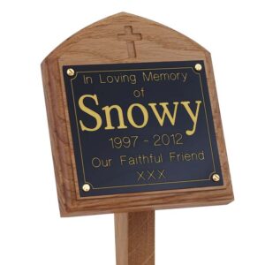 4 x 4 memorial oak pet ground stake with black plaque, gold text and carved cross