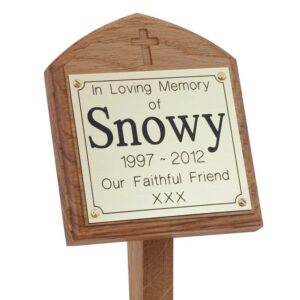4 x 4 memorial oak pet ground stake with gold plaque and carved cross