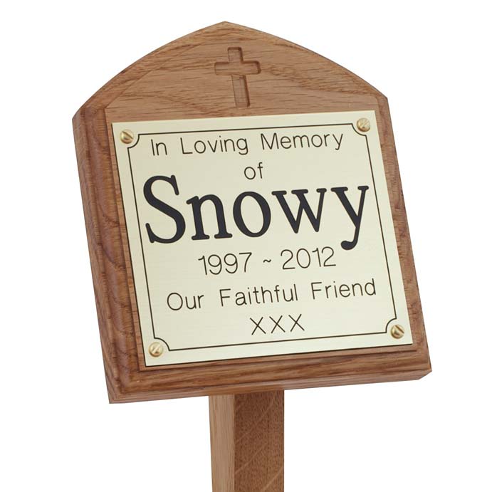 4 x 4 memorial oak pet ground stake with gold plaque and carved cross
