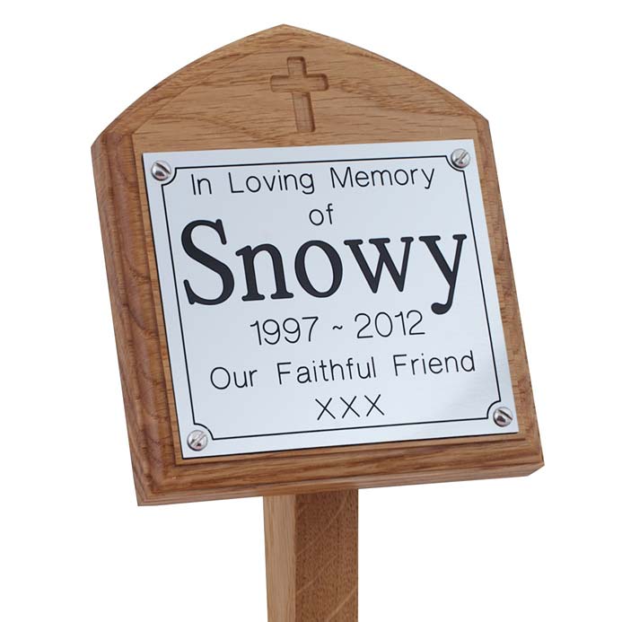 4 x 4 memorial oak pet ground stake with silver plaque and carved cross