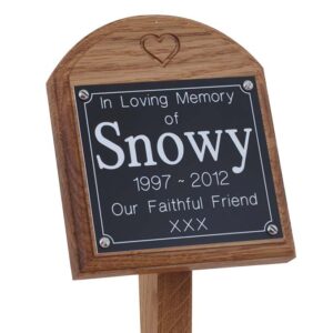 4 x 4 memorial ok pet ground stake with black plaque, white text, carved heart