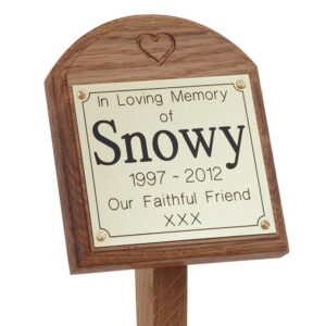 4 x 4 memorial oak pet ground stake with gold plaque and carved heart