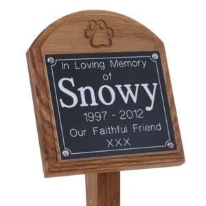 4 x 4 memorial oak pet ground stake with black plaque, white text, carved paw print