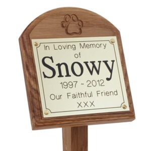 4 x 4 memorial oak pet ground stake with gold plaque and carved paw print