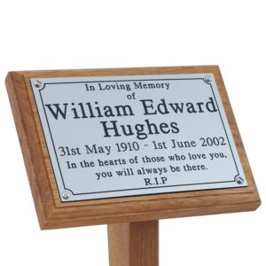 7" x 5" Oak memorial ground stake with silver plaque - close-up