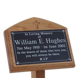 7" x 5" memorial oak ground stake with black plaque with white text
