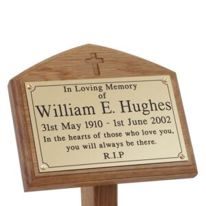 7" x 5" memorial oak ground stake with gold plaque and carved cross