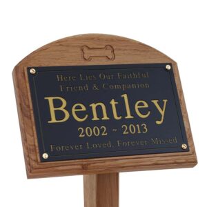 7x5 oak memorial pet ground stake with black plaque, gold text and carved bone