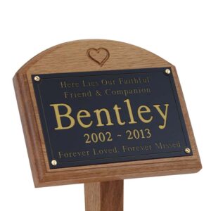 7x5 oak memorial pet ground stake with black plaque, gold text, carved heart