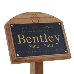 7x5 oak memorial pet ground stake with black plaque, gold text and carved paw print