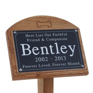7x5 oak memorial pet ground stake with black plaque, white text and carved bone
