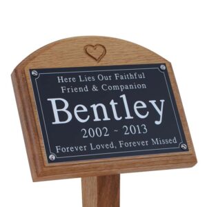 7x5 oak memorial pet ground stake with black plaque, white text , carved heart