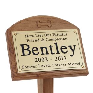 7x5 oak memorial pet ground stake with gold plaque and carved bone