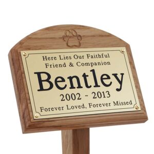 7x5 oak memorial pet ground stake with gold plaque and carved paw print