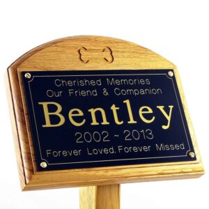 7x5 oak memorial pet ground stake with black plaque, gold text, carved bone sans-serif