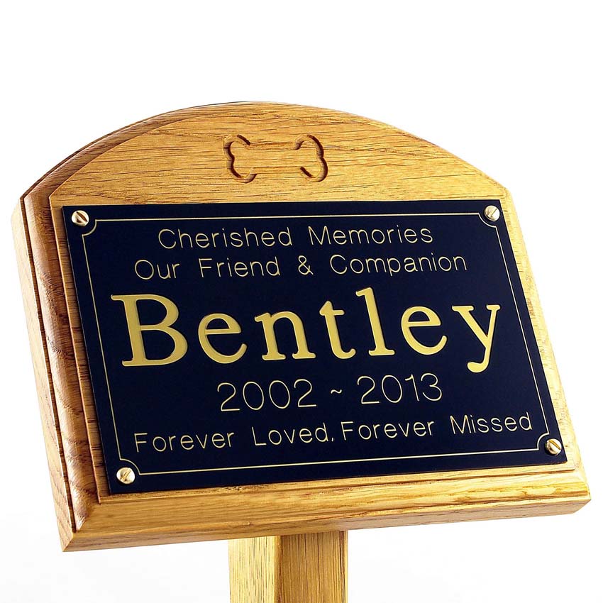 7x5 oak memorial pet ground stake with black plaque, gold text, carved bone sans-serif