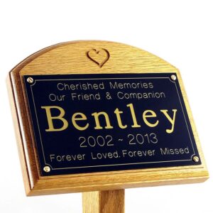 7x5 oak memorial pet ground stake with black plaque, gold text, carved heart, sans-serif