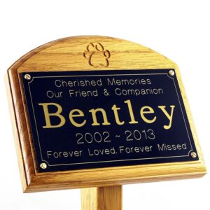 7x5 oak memorial pet ground stake with black plaque, gold text, carved paw print, sans-serif