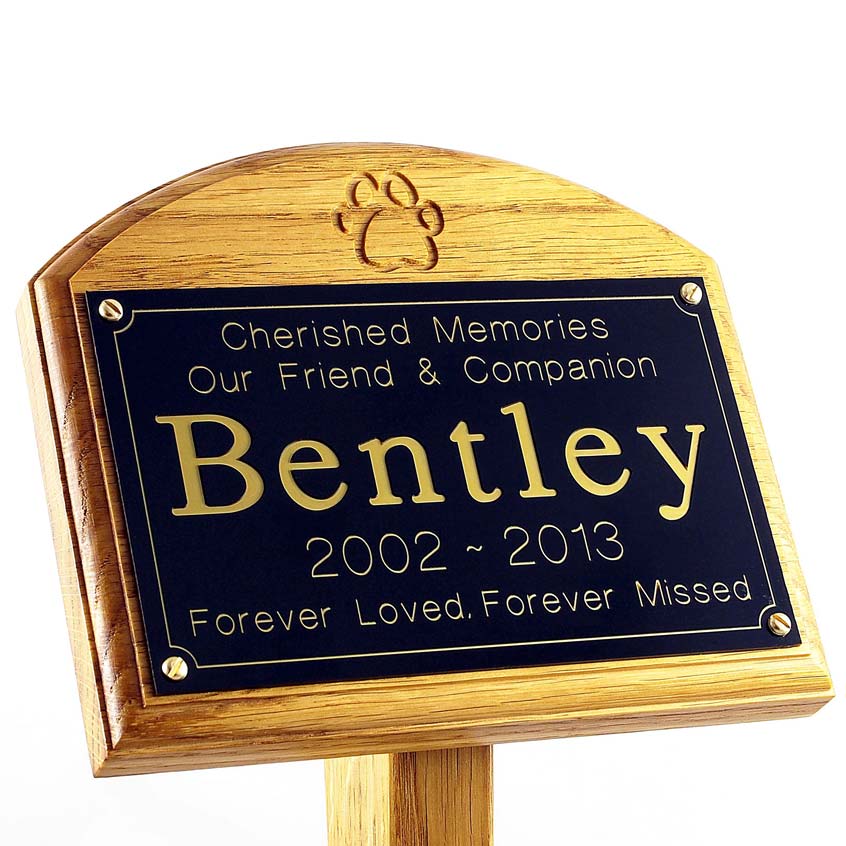 7x5 oak memorial pet ground stake with black plaque, gold text, carved paw print, sans-serif